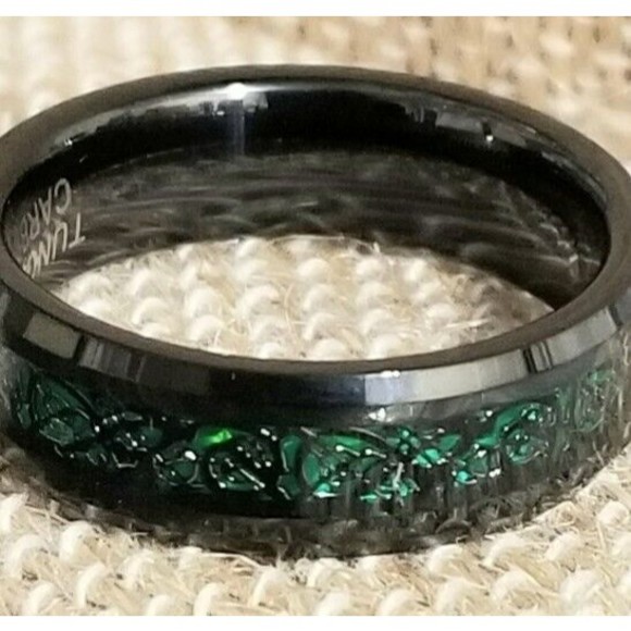 Black Tungsten Steel Band Ring, 7.5 Emerald Colored Inset Beveled Edge, Unisex, - Picture 3 of 5